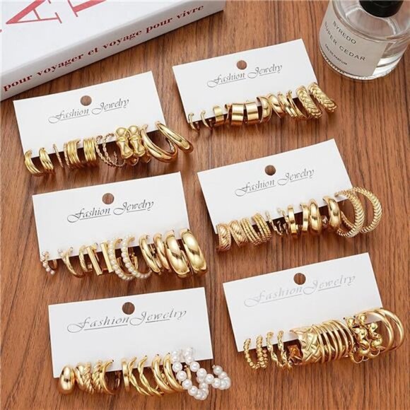 36 Pairs Gold Hoop Earrings Set for Women, Fashion Chunky Gold Hoop Earrings - Picture 6 of 7